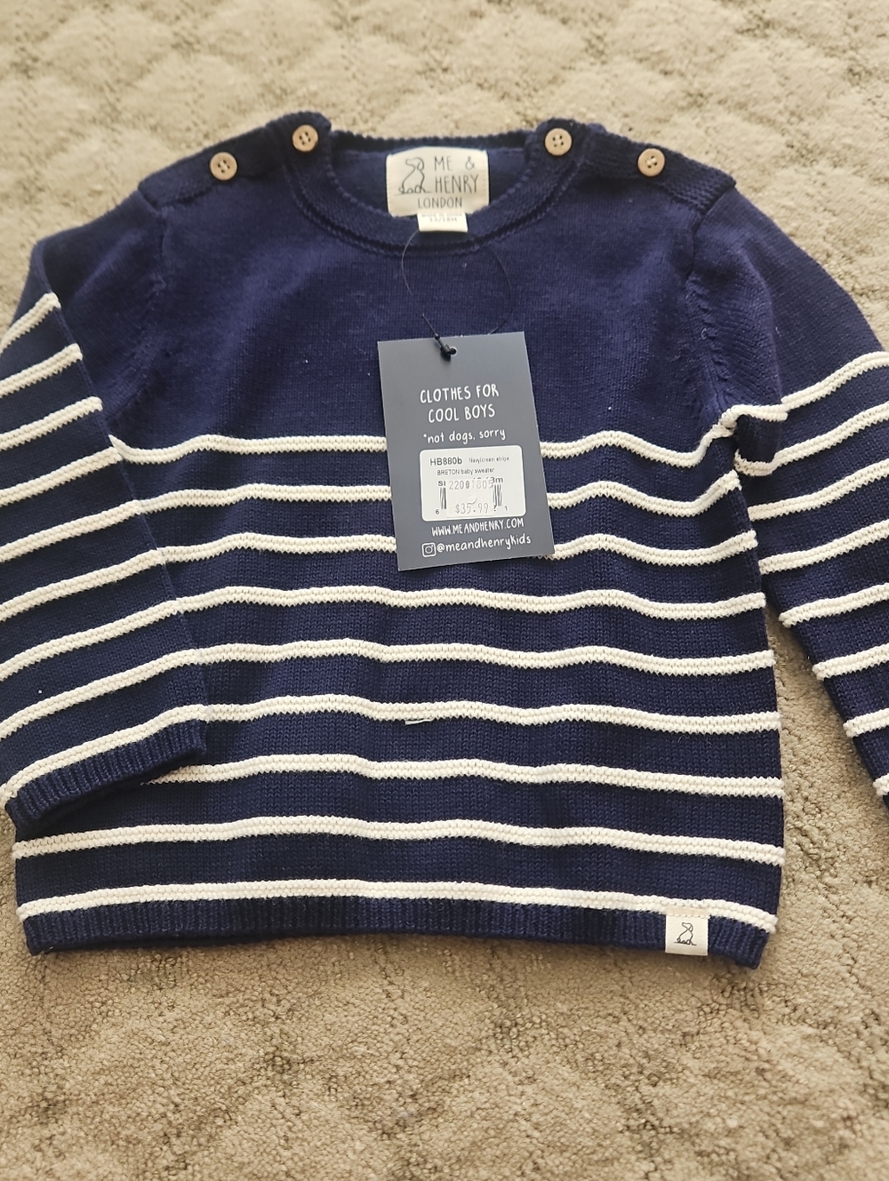 Mi & Henry Navy and White Striped Knit Sweater 12 To 18